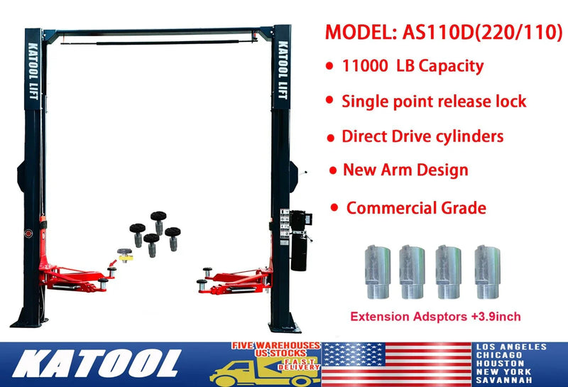 Katool | KT-AS110D Two Post Asymmetrical Vehicle Lift 11,000lbs Single Point Lock Release