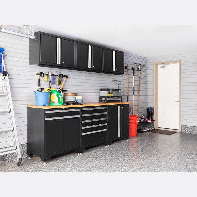 NewAge Pro Series 9 Piece Cabinet Set With Wall, Base, Tool Drawer Cabinet, 56 in. Integrated Shelf and 112 in. Worktop