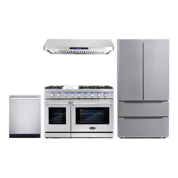 Cosmo 4 Piece Kitchen Package with 48" Freestanding Gas Range 48" Under Cabinet Range Hood 24" Built-in Fully Integrated Dishwasher & Energy Star French Door Refrigerator