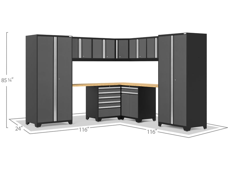 NewAge Pro Series Gray 12 Piece Cabinet Set With Wall, Tool Drawer, Multi-Function Cabinet, Lockers and 112 in. Worktop