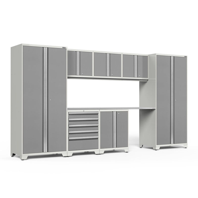 NewAge Pro Series 8 Piece Cabinet Set With Wall, Base, Tool Drawer Cabinet, Lockers and 84 in. Worktop