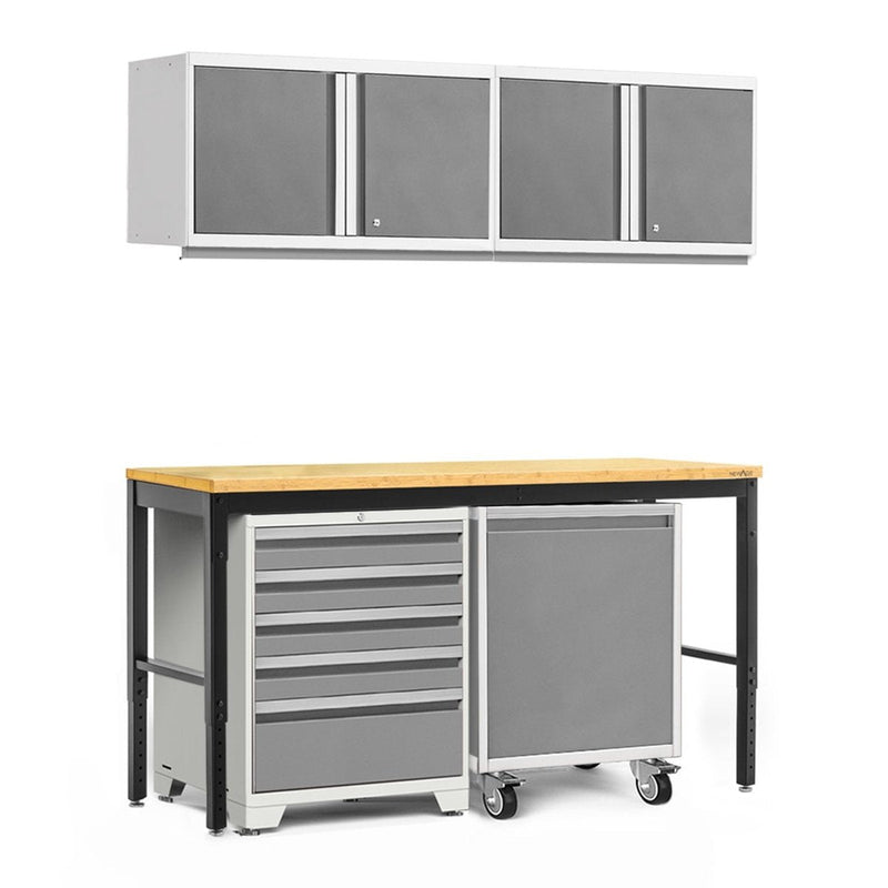 NewAge Pro Series 5 Piece Cabinet Set With Wall, Tool Drawer Cabinet, Mobile Utility Cart, and 84 in. Workbench