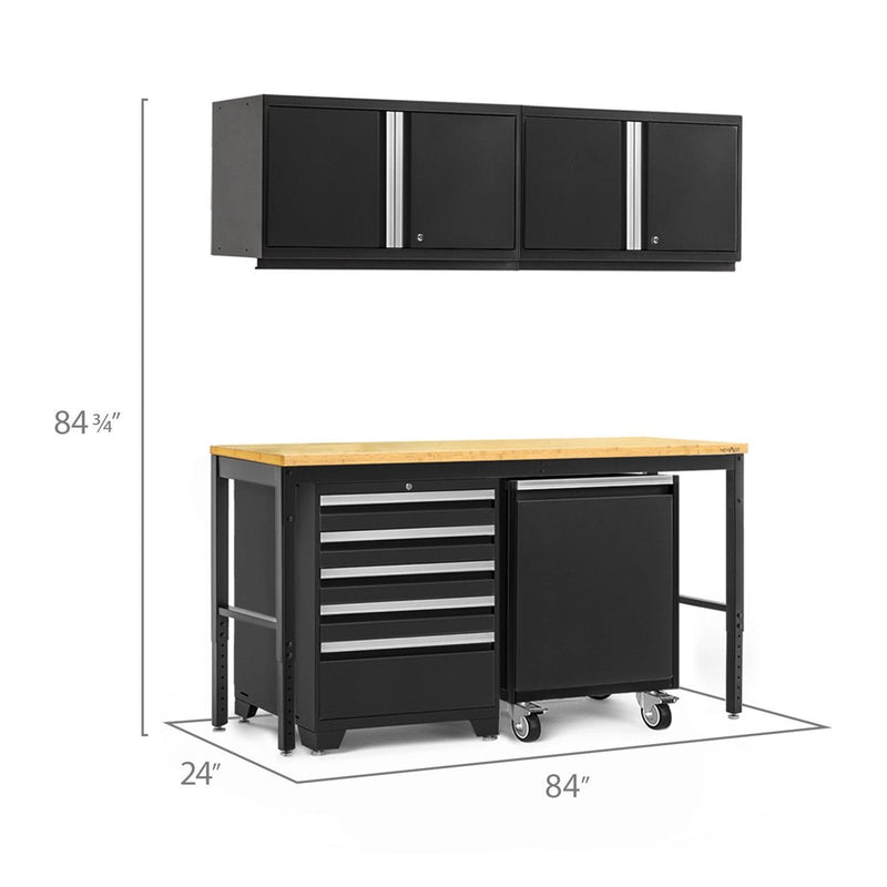 NewAge Pro Series 5 Piece Cabinet Set With Wall, Tool Drawer Cabinet, Mobile Utility Cart, and 84 in. Workbench