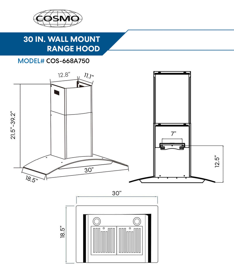 Cosmo 30-Inch 380 CFM Ducted Wall Mount Range Hood in Stainless Steel with Tempered Glass COS-668A750