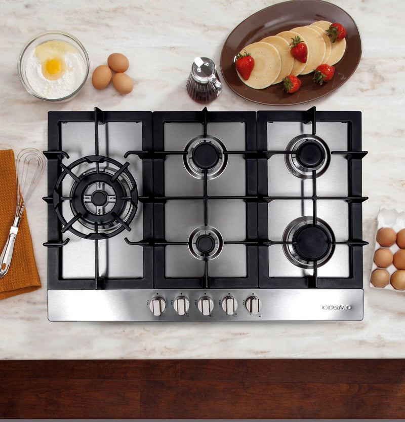 Cosmo 30-Inch Gas Cooktop with 5 Brass Burners in Stainless Steel COS-850SLTX-E