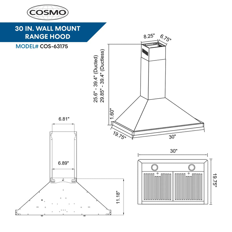 Cosmo 30-Inch Ductless Wall Mount Range Hood in Stainless Steel COS-63175-DL