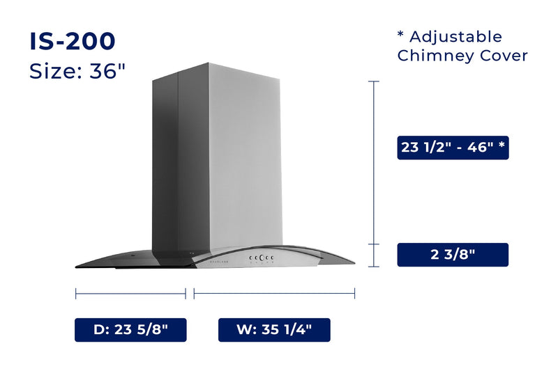 Hauslane 36 Inch Island Range Hood with Tempered Glass in Stainless Steel, IS200SS36