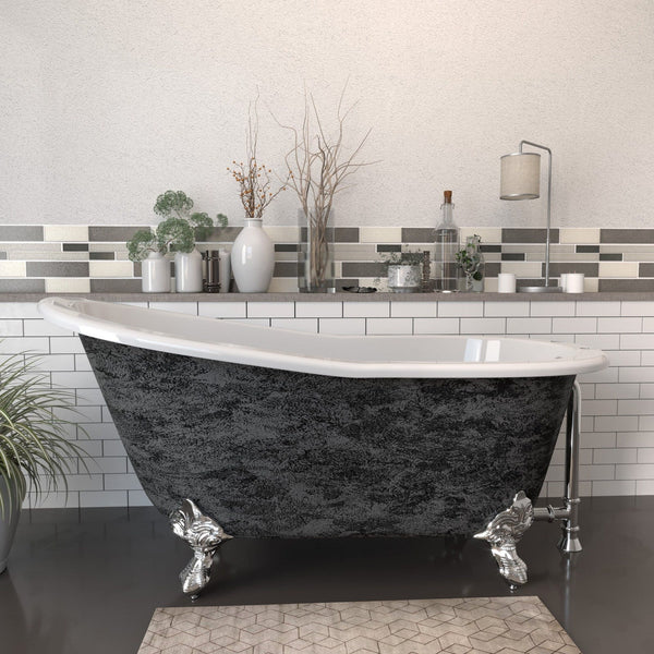 Cambridge Plumbing Scorched Platinum 61” x 30” Cast Iron Slipper Bathtub with 7” Deck Mount Faucet Holes and Polished Chrome Feet ST61-DH-CP-SP
