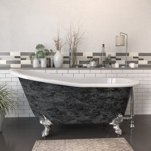 Cambridge Plumbing Scorched Platinum 61” x 30” Cast Iron Slipper Bathtub with” No Faucet Holes and Polished Chrome Ball and Claw Feet ST61-NH-CP-SP