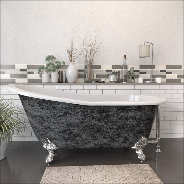 Cambridge Plumbing Scorched Platinum 67” x 30” Cast Iron Slipper Bathtub with” No Faucet Holes and Polished Chrome Ball and Claw Feet ST67-NH-CP-SP