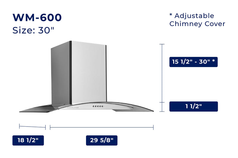 Hauslane 30 Inch Wall Mount Range Hood with Tempered Glass and Stainless Steel, WM600SS30