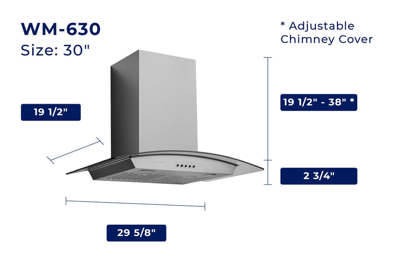 Hauslane 30 Inch Wall Mount Range Hood with Tempered Glass in Stainless Steel, WM630SS30