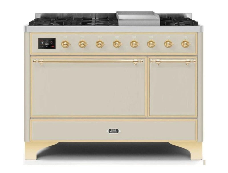 ILVE 48 Inch Majestic II Series Freestanding Dual Fuel Liquid Propane Range with 8 Sealed Brass Non Stick Coated Burners and Griddle UM12FDQNS3