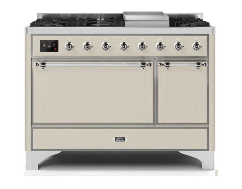 ILVE 48 Inch Majestic II Series Freestanding Dual Fuel Liquid Propane Range with 8 Sealed Brass Non Stick Coated Burners and Griddle UM12FDQNS3