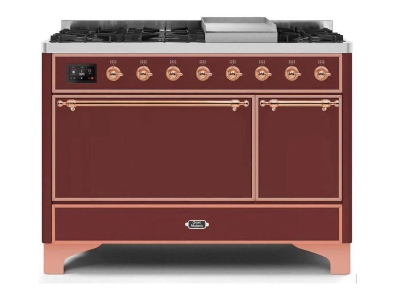 ILVE 48 Inch Majestic II Series Freestanding Dual Fuel Liquid Propane Range with 8 Sealed Brass Non Stick Coated Burners and Griddle UM12FDQNS3