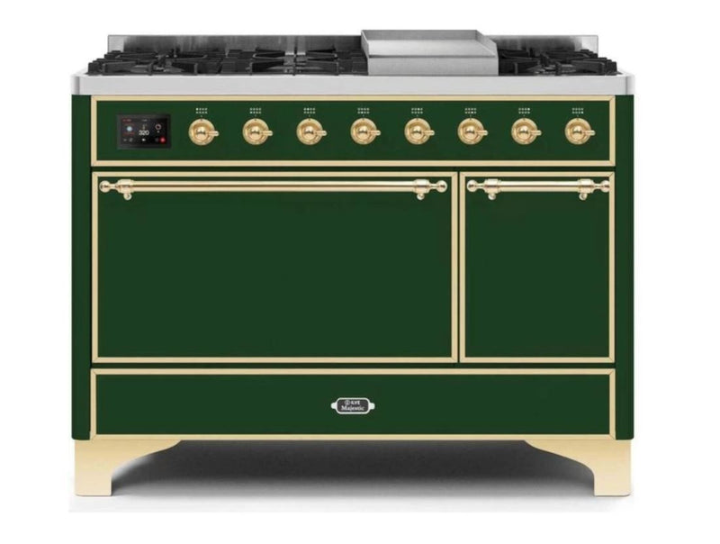 ILVE 48 Inch Majestic II Series Freestanding Dual Fuel Liquid Propane Range with 8 Sealed Brass Non Stick Coated Burners and Griddle UM12FDQNS3