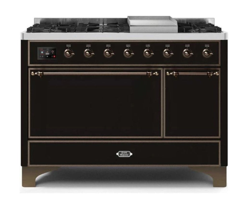 ILVE 48 Inch Majestic II Series Freestanding Dual Fuel Liquid Propane Range with 8 Sealed Brass Non Stick Coated Burners and Griddle UM12FDQNS3