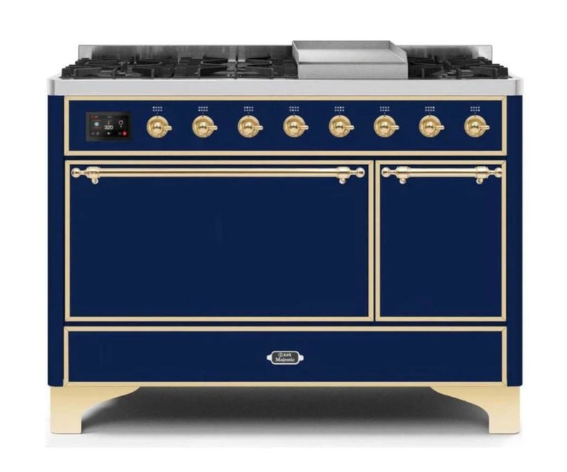 ILVE 48 Inch Majestic II Series Freestanding Dual Fuel Liquid Propane Range with 8 Sealed Brass Non Stick Coated Burners and Griddle UM12FDQNS3