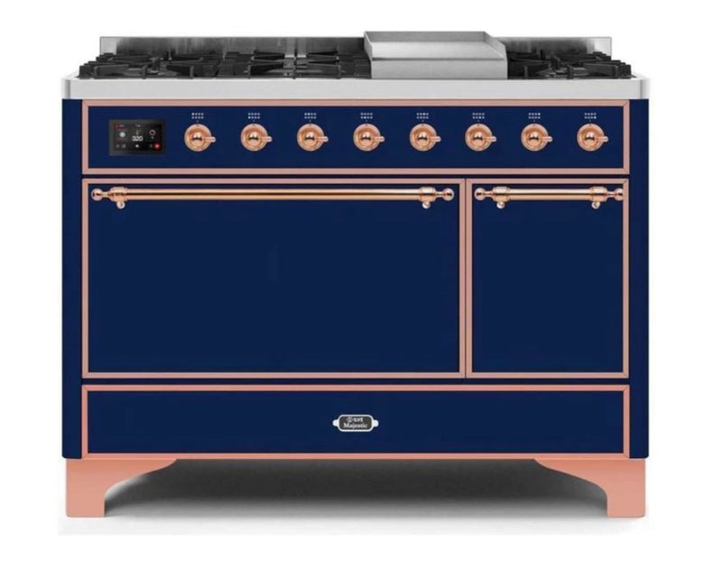 ILVE 48 Inch Majestic II Series Freestanding Dual Fuel Liquid Propane Range with 8 Sealed Brass Non Stick Coated Burners and Griddle UM12FDQNS3