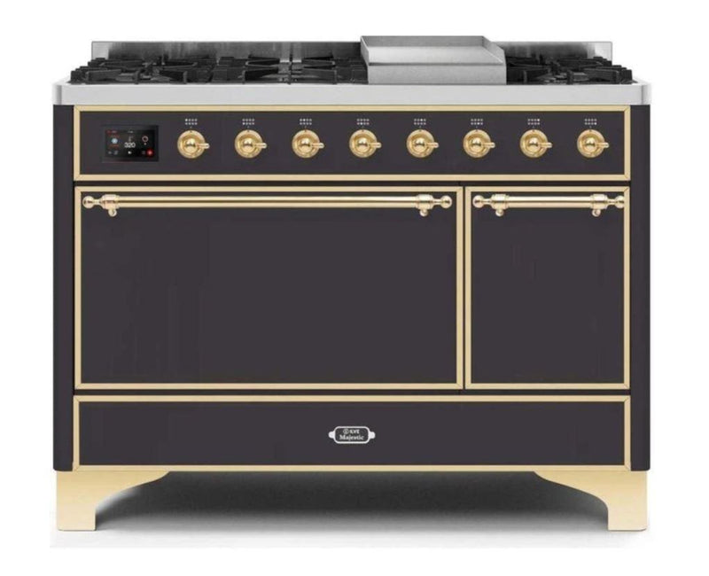 ILVE 48 Inch Majestic II Series Freestanding Dual Fuel Liquid Propane Range with 8 Sealed Brass Non Stick Coated Burners and Griddle UM12FDQNS3