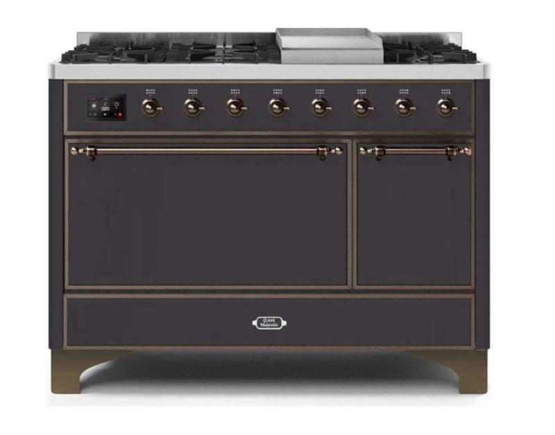 ILVE 48 Inch Majestic II Series Freestanding Dual Fuel Liquid Propane Range with 8 Sealed Brass Non Stick Coated Burners and Griddle UM12FDQNS3