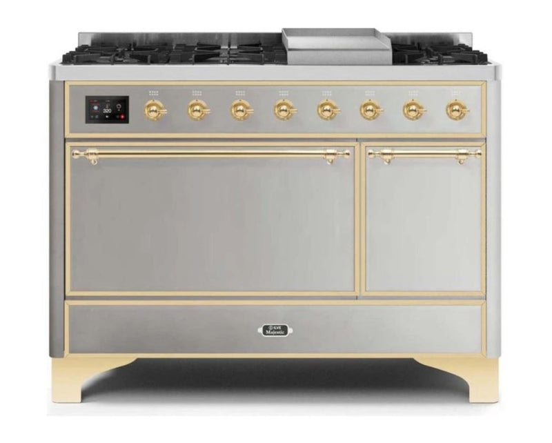 ILVE 48 Inch Majestic II Series Freestanding Dual Fuel Liquid Propane Range with 8 Sealed Brass Non Stick Coated Burners and Griddle UM12FDQNS3