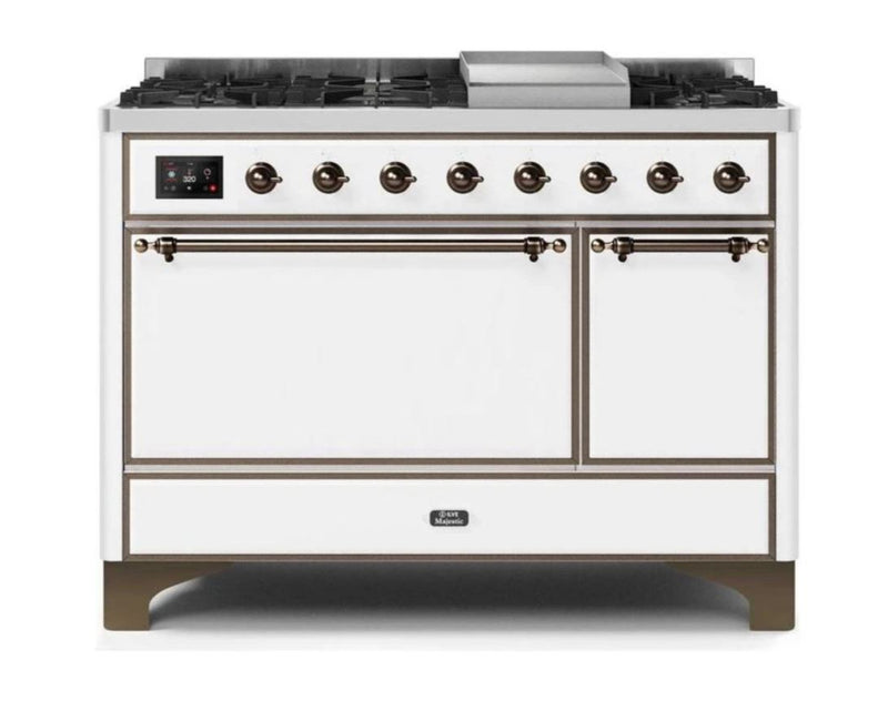 ILVE 48 Inch Majestic II Series Freestanding Dual Fuel Liquid Propane Range with 8 Sealed Brass Non Stick Coated Burners and Griddle UM12FDQNS3