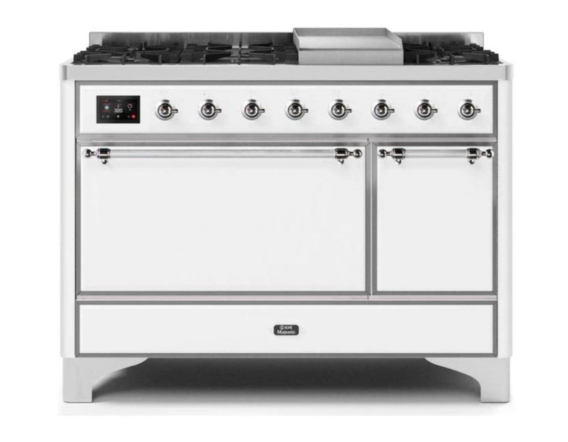 ILVE 48 Inch Majestic II Series Freestanding Dual Fuel Liquid Propane Range with 8 Sealed Brass Non Stick Coated Burners and Griddle UM12FDQNS3