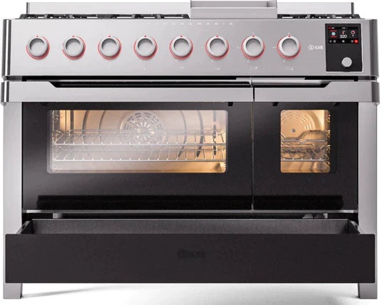 ILVE 48" Panoramagic Series Freestanding Double Oven Dual Fuel Range with 8 Sealed Burners and Griddle UPM12FDS3SS