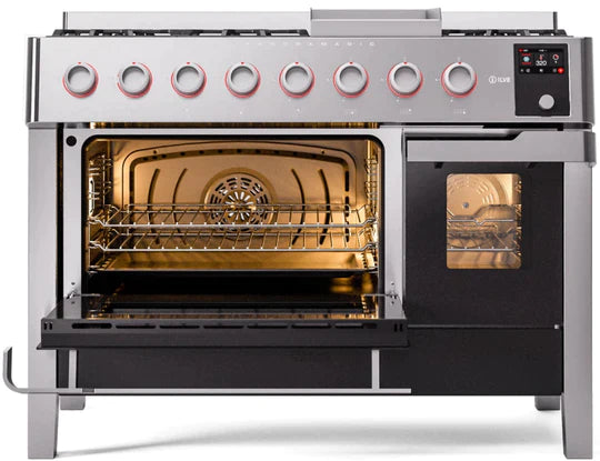 ILVE 48" Panoramagic Series Freestanding Double Oven Dual Fuel Range with 8 Sealed Burners and Griddle UPM12FDS3SS