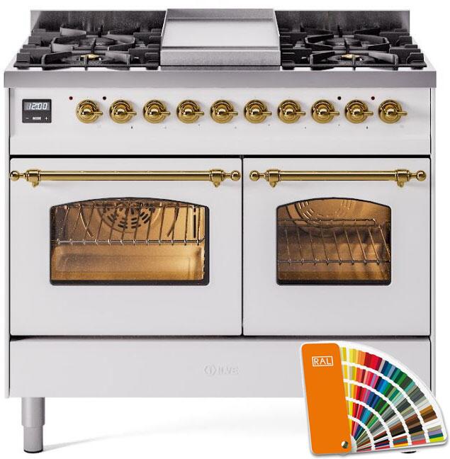 ILVE 40" Nostalgie II Series Freestanding Double Oven Dual Fuel Range with 6 Sealed Burners and Griddle UPD40FNMP