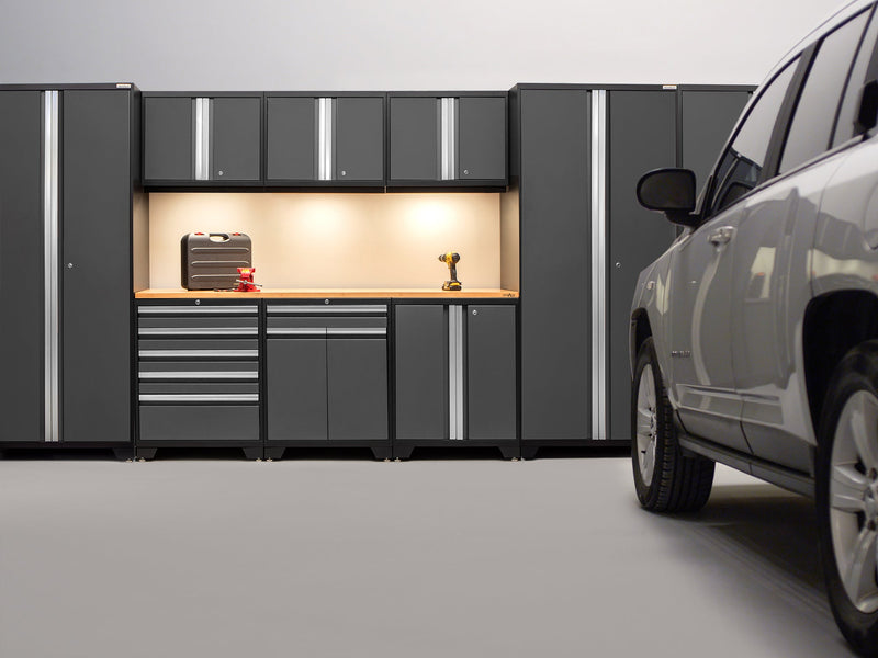 NewAge Pro Series Gray 16 Piece Cabinet Set With Wall, Tool Drawer, Multi-Function Cabinet, Lockers and 168 in. Worktop